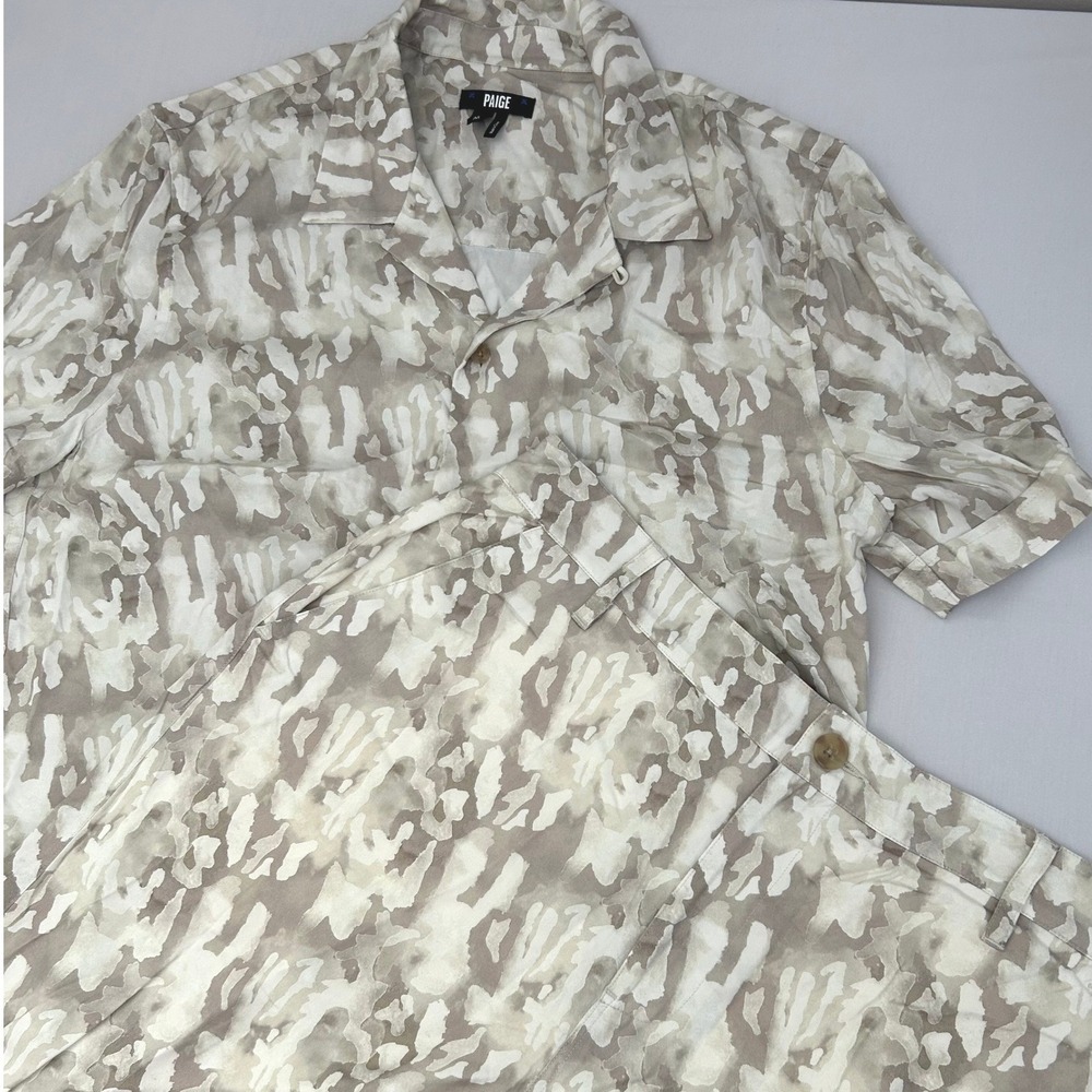 Paige Landon Shirt Shorts Set Mens M 34 Tan Abstract Camo Camp Collar 2 Piece